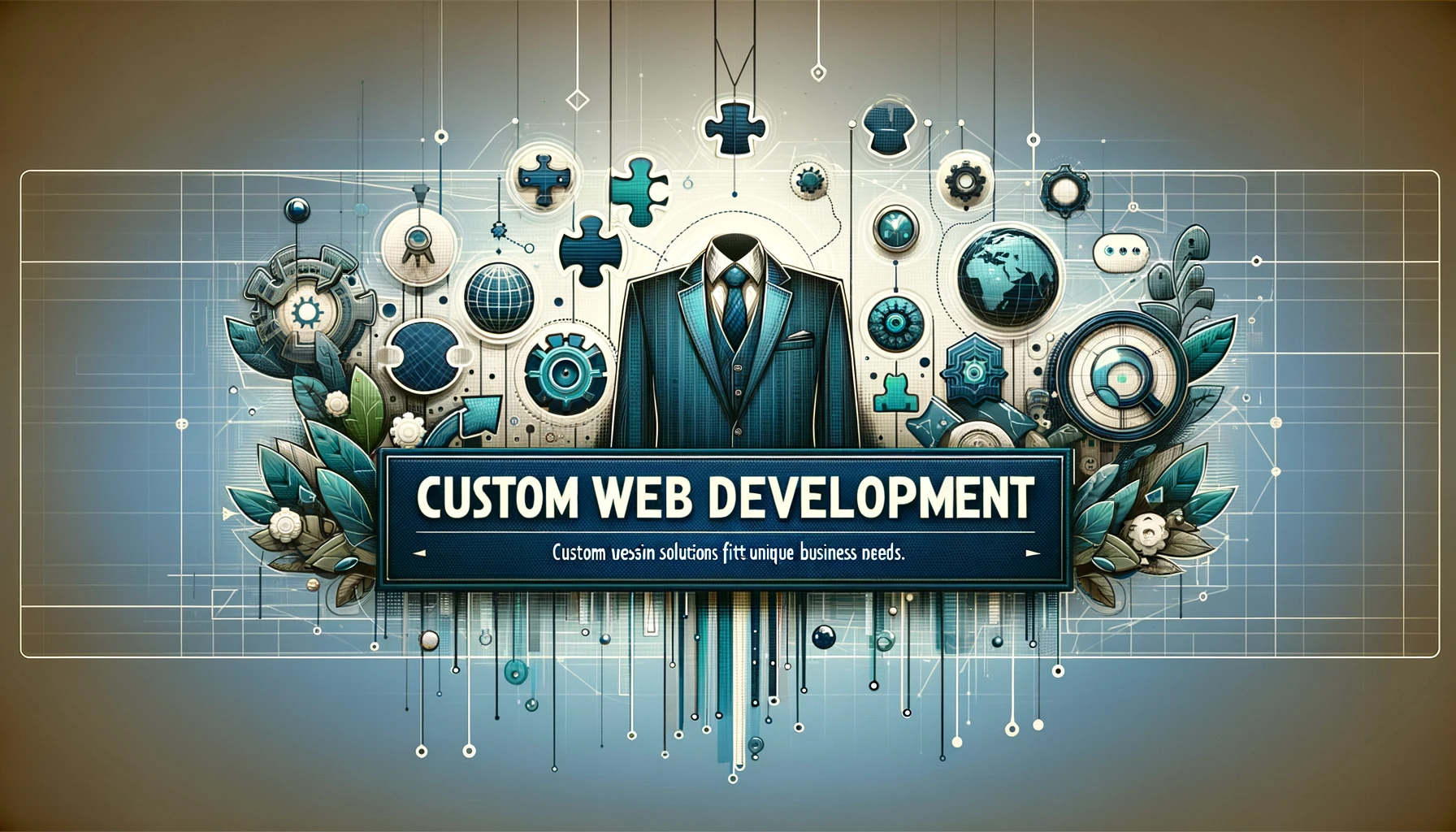 Web banner showcasing custom website development, featuring a modern design with technology and innovation elements, symbolizing unique business solutions.