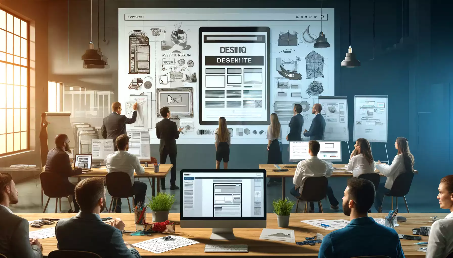A modern office with web developers discussing a website redesign. The screen shows an outdated and modern website design, with sketches and design tools on the desk. The background shows a team working on the redesign project.